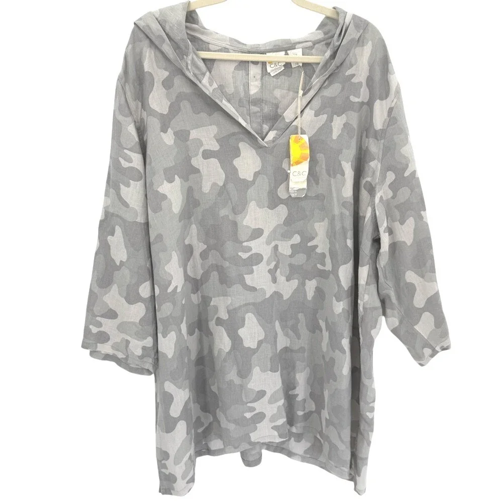 C&C California Linen Camo Hoodie Tunic Top Gray 3X New